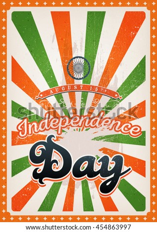 India Independence Day/
Illustration of a vintage india country independence day poster, with orange and green sunbeams, for fifteen of august national holidays
