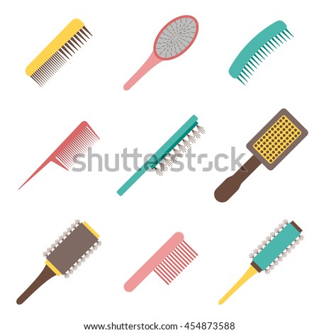 Vector illustration with cartoon flat hair brushes icon. Hair accessories objects. Female beauty salon, shop concept. Hairstyle for woman and girl. Set of vector flat icons. Female beauty equipment
