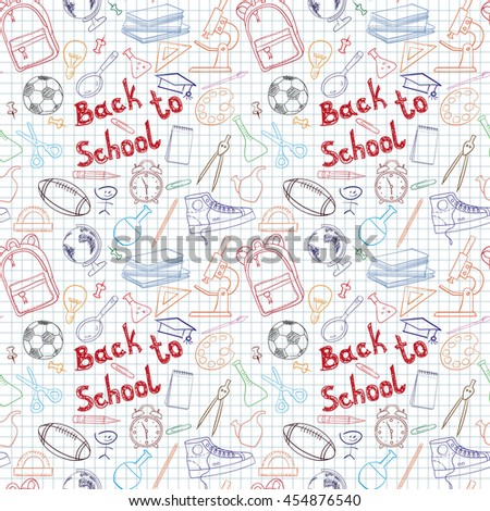 Back to school themed doodle seamless pattern with stationery. Vector illustration.