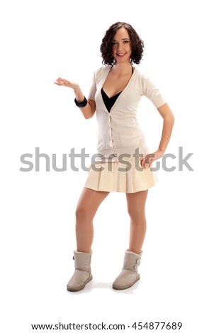 Young beautiful woman shows his hand a white background
