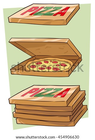 A vector illustration of cartoon cool pizza and box set
