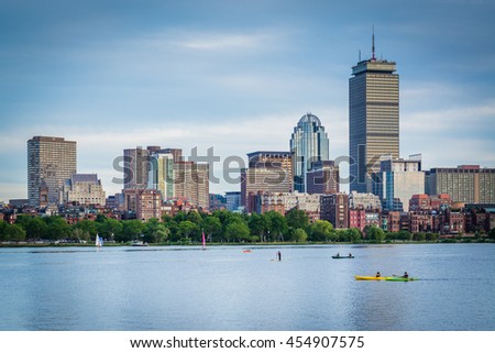 View of the Charles River and  buildings in Back Bay from Cambridge, Massachusetts.