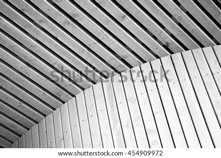 Abstract architecture background, white wooden planking curved construction. Scandinavian natural design example