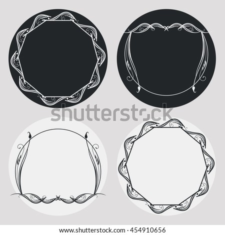 Set of silhouette round frames. Design element for logo, banners, labels, prints, posters, web, presentation, invitations, weddings, greeting cards, albums. Vector clip art.