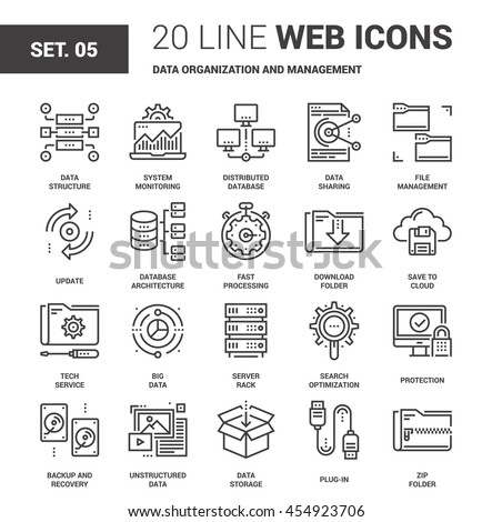 Vector set of data organization and management line web icons. Each icon with adjustable strokes neatly designed on pixel perfect 64X64 size grid. Fully editable and easy to use. Royalty-Free Stock Photo #454923706
