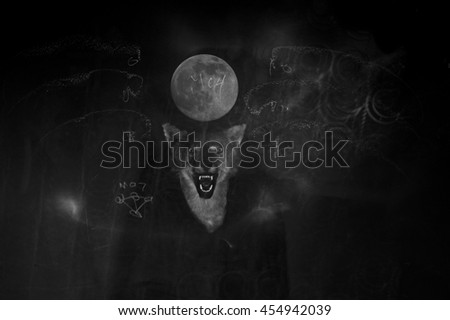 coyote with moon black and white halloween image
