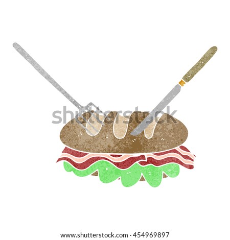 freehand drawn retro cartoon knife and fork cutting huge sandwich