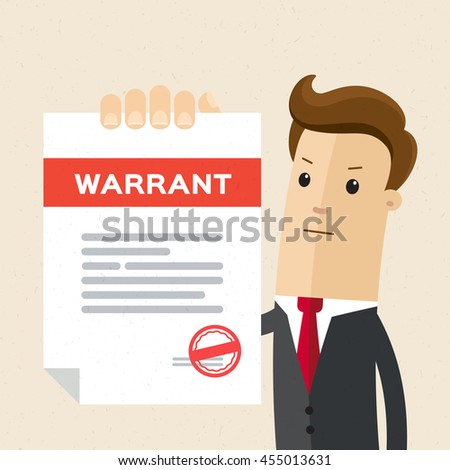 Man in suit, lawyer shows a document, warrant. Vector, flat, illustration Royalty-Free Stock Photo #455013631