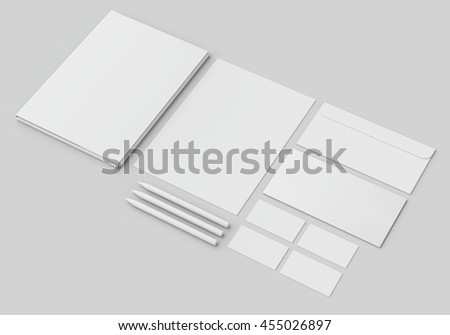 White stationery mock-up, template for branding identity on gray background. For graphic designers presentations and portfolios. 3D rendering.