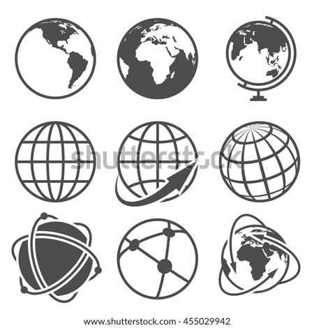 Globe earth vector icons set. Worldwide around globe and internet net on globe earth illustration