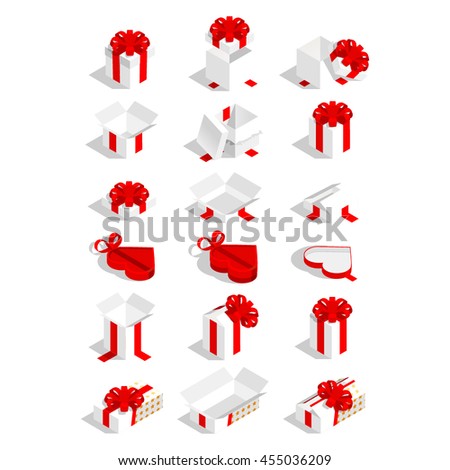 Set of vector isometric 3d flat gift boxes with bows and ribbons.