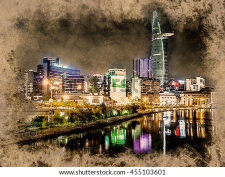 Cityscape of Ho Chi Minh at night with bright illumination of modern architecture, Vietnam. Modern painting, background illustration, beautiful picture, creative image.