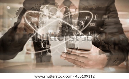 Businessman using the tablet and holding cup of coffee over the Worldwide connection technology interface, Elements of this image furnished by NASA, Business technology concept