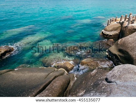 White Black Rock Beach in the Island Ocean Green Blue Sea Sky. Koh Tao and Koh Nang Yuan Thailand
