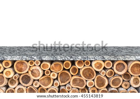 Empty top of stone table or counter with pile of wood log isolated on white background. For product display