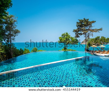 Exotic Luxury Pool Villa Resort Panoramic View Collide with Summer Pacific Tropical Ocean Koh Tao and Nang Yuan Thailand