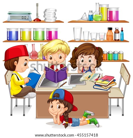 Children reading and studying in classroom illustration