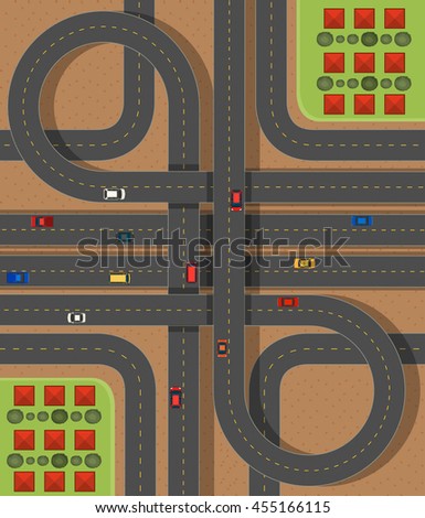 Aerial scene with roads and cars illustration