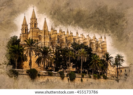Cathedral of Palma de Mallorca viewed through lush greenery of the island. Vintage painting, background illustration, beautiful picture, travel texture