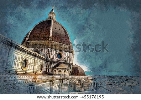 The Basilica di Santa Maria del Fiore Basilica of Saint Mary of the Flower in Florence, Italy. Modern painting, background illustration, beautiful picture, creative image.