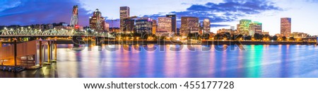 Portland water front cityscape  at night with reflection on the water,Oregon,usa.