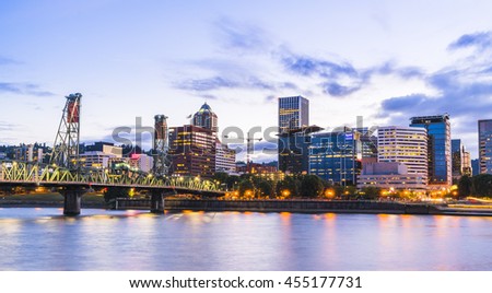 Portland water front cityscape  at night with reflection on the water,Oregon,usa.