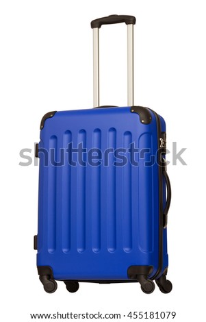 Deep blue plastic suitcase isolated on white background