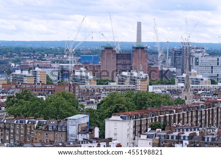 Aerial View from Westminster Cathedral on Roofs and Houses of London, United Kingdom. Battersea Power Station.