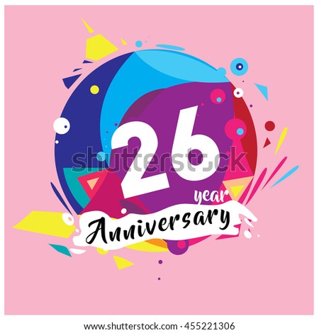 26th years greeting card anniversary with colorful number and frame. logo and icon with circle badge and background
