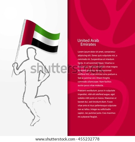 Young athlete running with holding UAE  Flag with typography background. Athlete with Country flag running in Rio olympics background