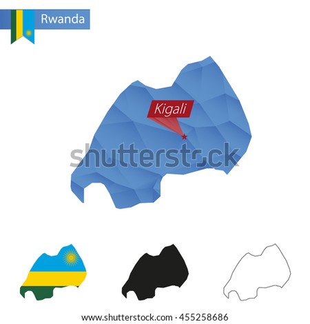 Rwanda blue Low Poly map with capital Kigali, versions with flag, black and outline. Vector Illustration.
