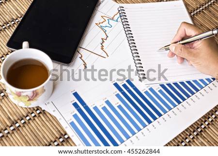 Tablet  and tea cup with financial documents on wooden table