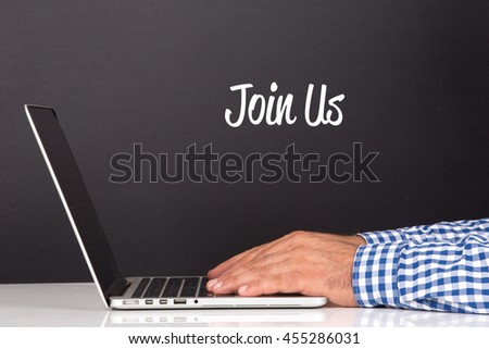 WORKING OFFICE COMMUNICATION PEOPLE USING COMPUTER JOIN US CONCEPT