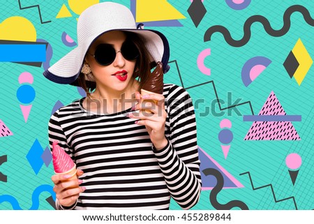 Pretty brunette girl, wearing in striped blouse, black sunglasses and white hat, is posing with two ice cream, on cyan background with flat design geometric figures, waist up