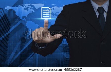 Businessman pressing document icon over map and city tower, Elements of this image furnished by NASA