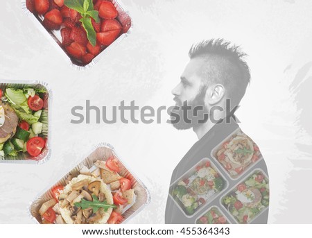 Healthy food and hipster man profile background. Take away of natural organic food in foil boxes. Fitness nutrition, strawberries, vegetables, meat and male portrait collage at white background.