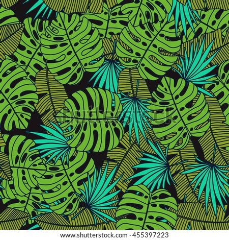 vector seamless tropical leaves pattern. palms leaves of exotic monstera plant. retro style illustration.