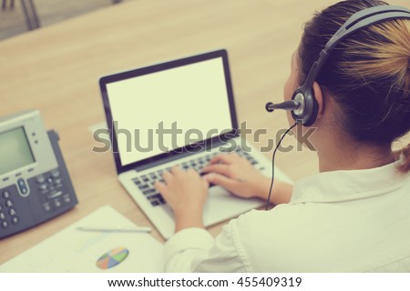 close up call centre helpdesk woman work at operation room concept