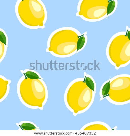 Lemon same sizes sticker blue background. Pattern with lemon and leaves.