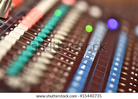 Sound music mixer control panel, selective focus.