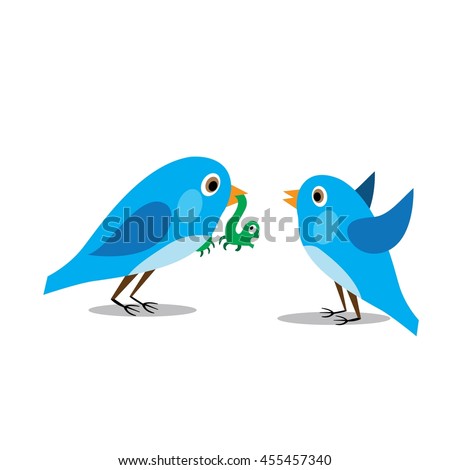 bird male caught a green caterpillar and brought another bird to the female, vector illustration cartoon