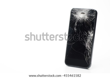 Mobile smartphone with broken screen isolated on white background with 