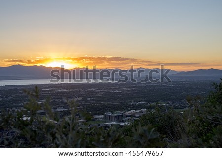 Sunset over the city in the Rocky Mountains