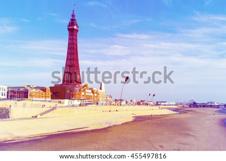 RETRO PHOTO FILTER EFFECT: Blackpool Tower, from the North Pier, Lancashire, England, UK