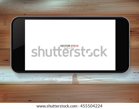 Vector smart phone with empty white screen lying on grunge vintage wood texture background.
