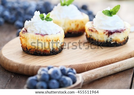 Mini blueberry cheesecakes with whipped cream surrounded by fresh berries. Extreme shallow depth of field with selective focus on dessert in front of image.