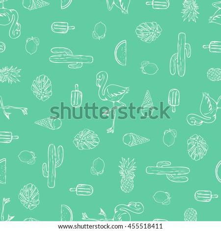Tropical summer print for t-shirt, apparel, textile or wrapping. Pattern with cactus plants, flamingo's, popsicles and pineapples with green background. Vector is seamless and repeatable.