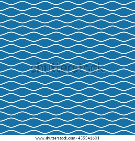 Wavy seamless pattern. White wave lines on blue background. Ripple marine texture. Waviness vector graphics.