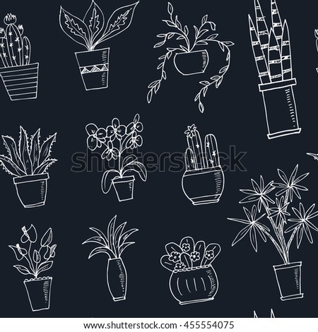 seamless pattern plants in a pot Hand drawn doodle vector sketch illustration