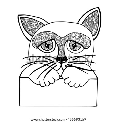 Black line abstract isolated cat head  with placard on the white background. Mono color black line art element for adult coloring book page design.